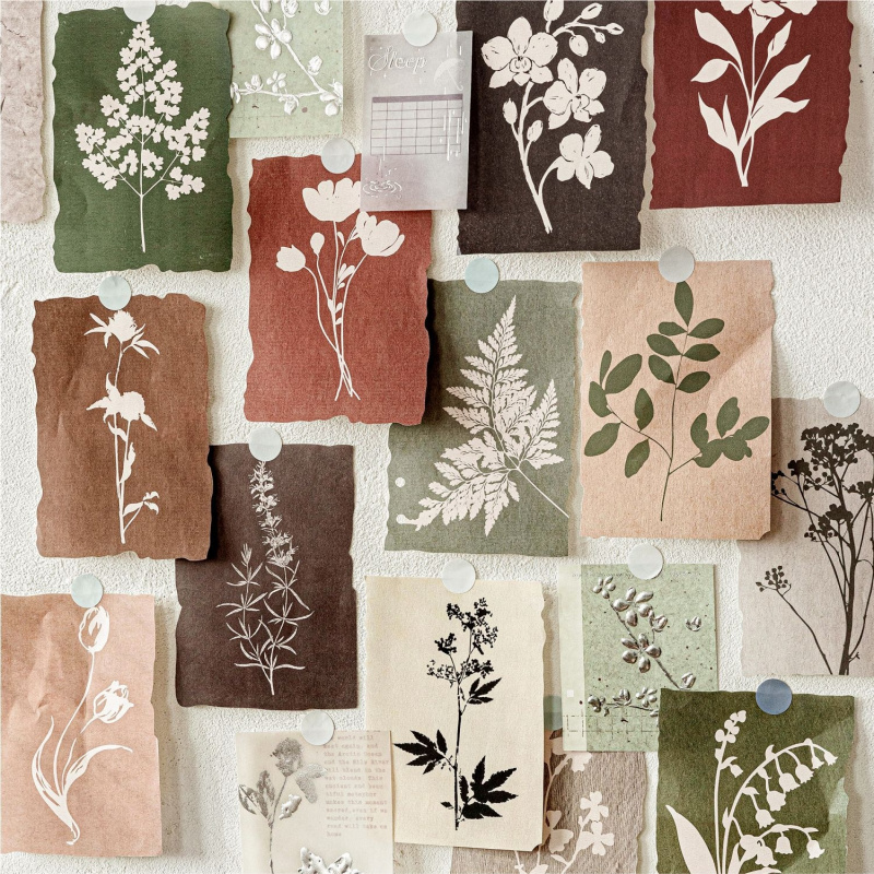 Home Office Layout - 20 vellen bloemig silhouetmateriaalpapier, plantenkunststijl dagboek