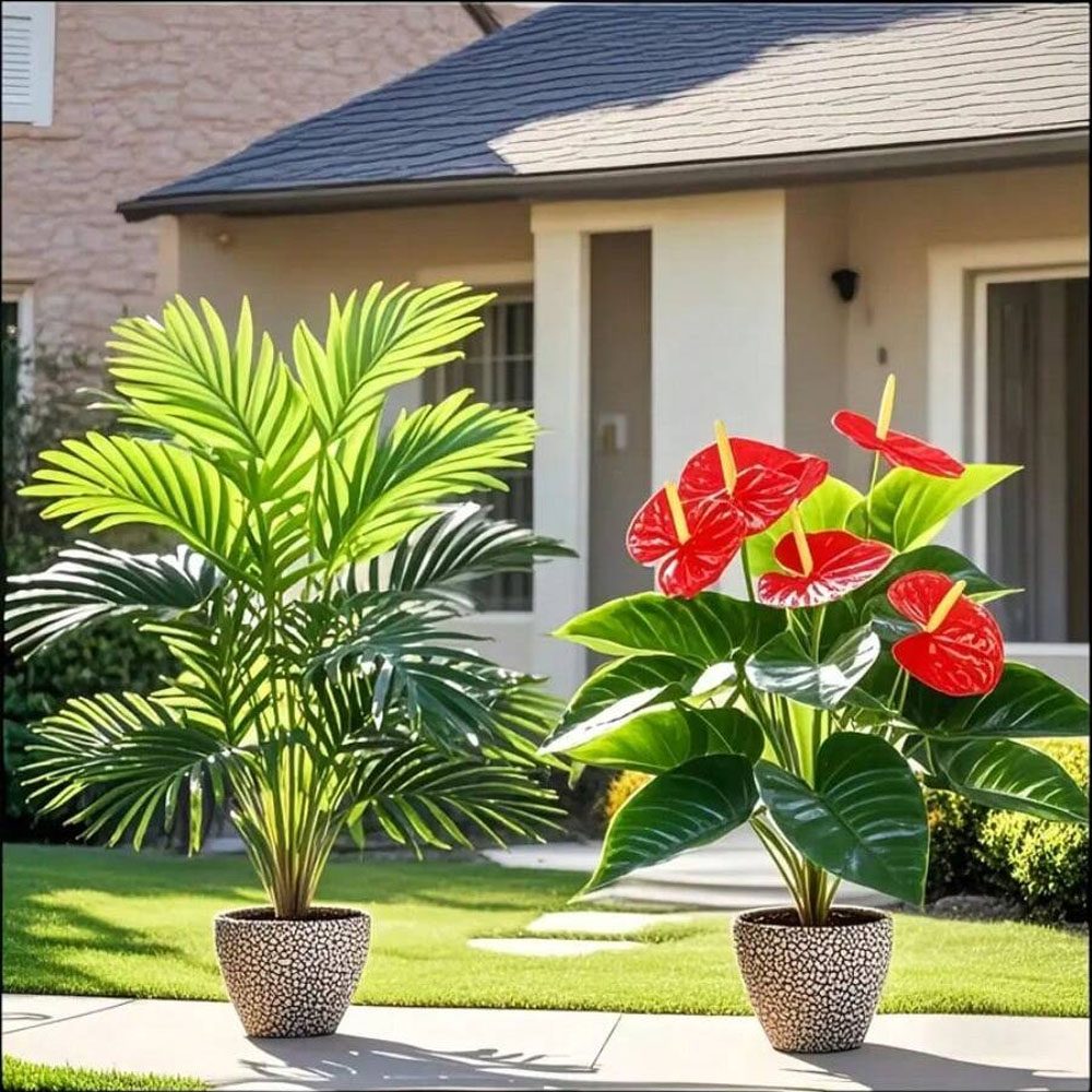 Home Office Layout - 2sets Grote Kunstmatige Palmplanten en Anthurium
